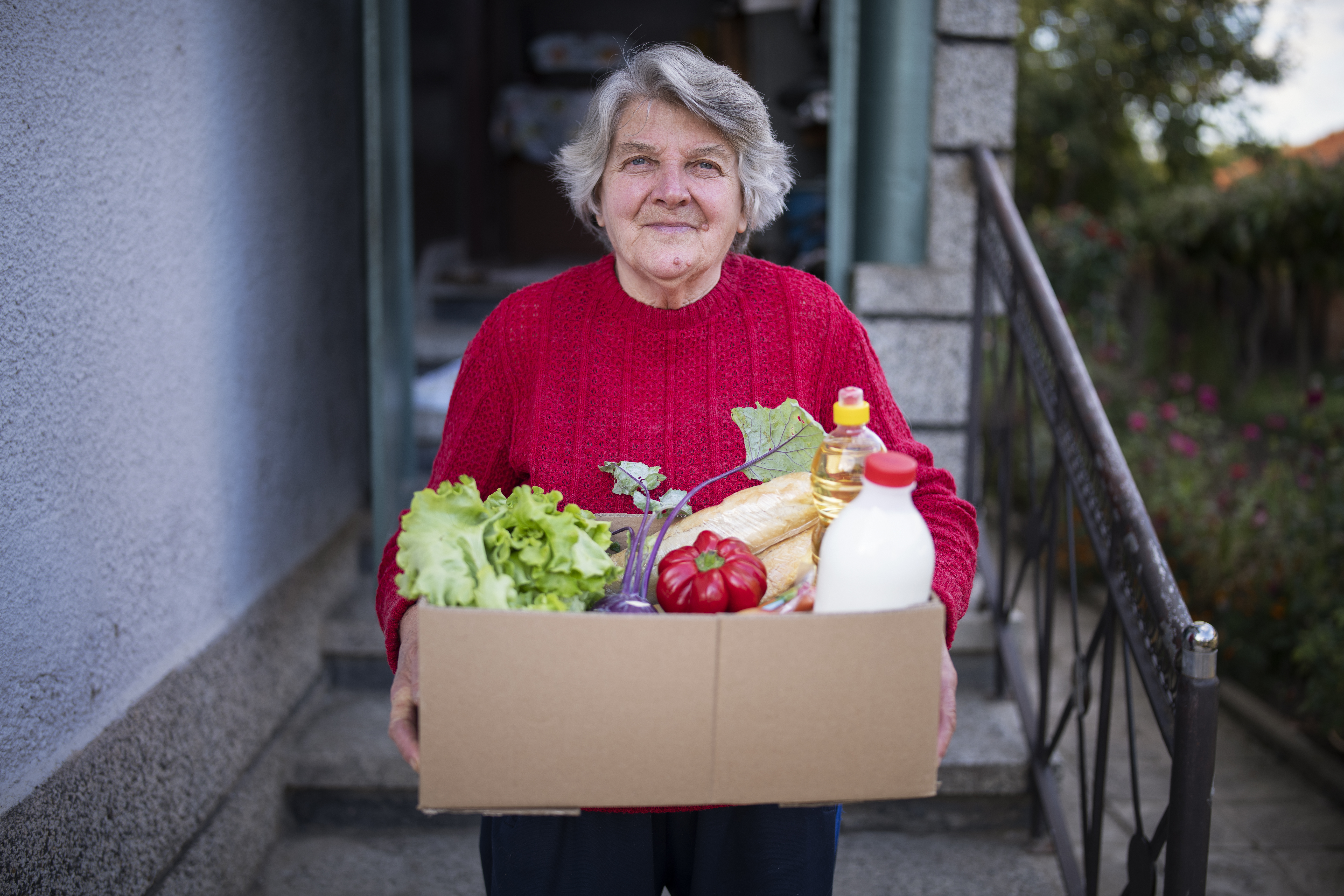 portrait of happy senior woman received crate with freshness food at home.